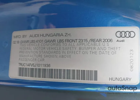 2018 Audi Tts 2.0T z USA, uszkodzony, nr VIN TRUC1AFV5J1011936
